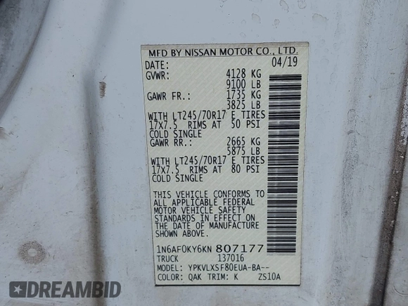 2019 Nissan NV SV z VIN 1N6AF0KY6KN807177, wystawiony jako IAAI lot #42495939 z przebiegiem 230 210 mil mil oraz . Historia ofert i sprzedaży dostępna na DreamBid. Obrazek 9.