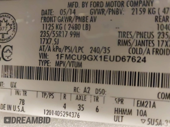 2014 Ford Escape SE z VIN 1FMCU9GX1EUD67624, wystawiony jako IAAI lot #41986362 z przebiegiem 79 921 mil mil oraz . Historia ofert i sprzedaży dostępna na DreamBid. Obrazek 9.