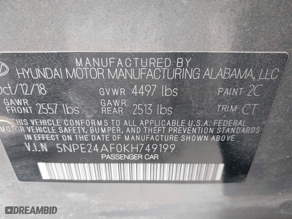 2019 Hyundai Sonata SE with VIN 5NPE24AF0KH749199, listed as a IAAI auction lot 41850192 with 94,644 mi miles. Bid and sale history available at carsss.com. Image 9.