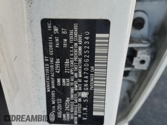 2013 Kia Optima EX with VIN 5XXGN4A70DG252340, listed as a Copart auction lot 58091195 with Not provided miles and Salvage title. Bid and sale history available at DreamBid. Image 12.