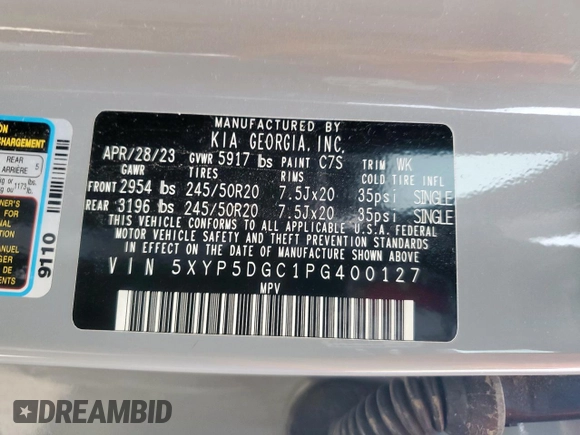 2023 Kia Telluride SX X-Line with VIN 5XYP5DGC1PG400127, listed as a Copart auction lot 62950045 with 23,443 mi miles and Salvage title. Bid and sale history available at DreamBid. Image 13.
