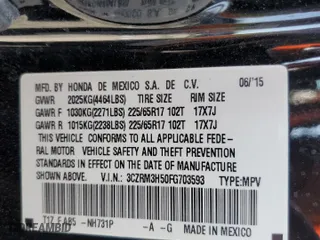 2015 Honda CR-V EX with VIN 3CZRM3H50FG703593, listed as a Copart auction lot 52141565 with 67,702 mi miles and Salvage Title. Bid and sale history available at carsss.com. Image 13.