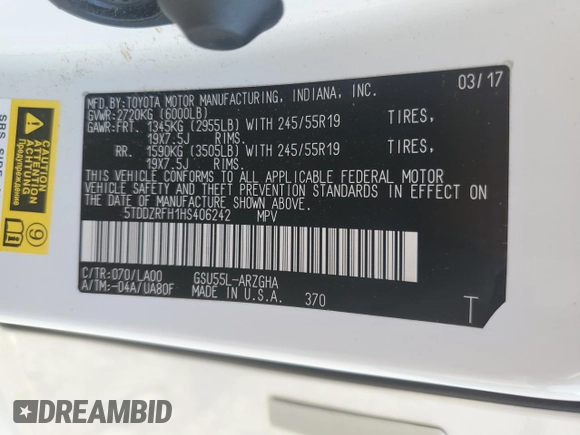 2017 Toyota Highlander Limited with VIN 5TDDZRFH1HS406242, listed as a Copart auction lot 61492715 with 99,285 mi miles and Salvage title. Bid and sale history available at DreamBid. Image 13.