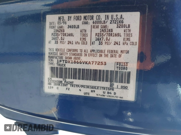 1997 Ford F-150 XL with VIN 1FTDX1866VKA77253, listed as a IAAI auction lot 42448287 with 122,540 mi miles and . Bid and sale history available at DreamBid. Image 9.