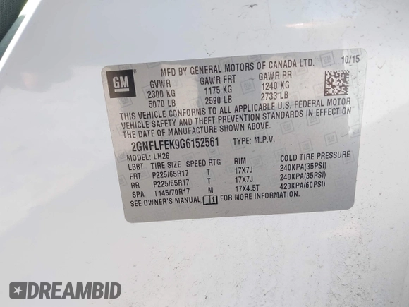 2016 Chevrolet Equinox LT with VIN 2GNFLFEK9G6152561, listed as a IAAI auction lot 41827514 with 120,848 mi miles and . Bid and sale history available at carsss.com. Image 9.