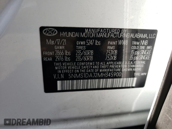 2021 Hyundai Santa Fe SE with VIN 5NMS1DAJ2MH345900, listed as a Copart auction lot 63640132 with 23,576 mi miles. Bid and sale history available at carsss.com. Image 10.