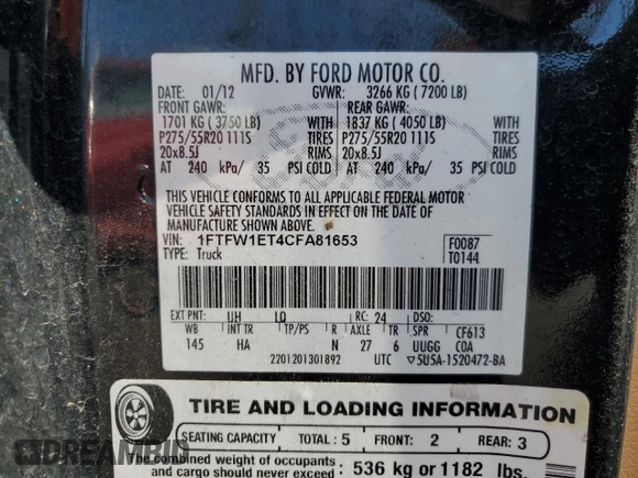 2012 Ford F-150 XL with VIN 1FTFW1ET4CFA81653, listed as a Copart auction lot 44022195 with Not provided miles and Salvage title. Bid and sale history available at DreamBid. Image 12.