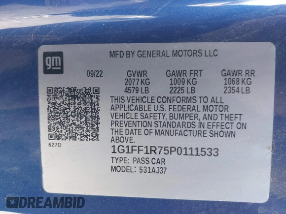 2023 Chevrolet Camaro LT1 with VIN 1G1FF1R75P0111533, listed as a IAAI auction lot 41442120 with 14,916 mi miles and . Bid and sale history available at DreamBid. Image 9.