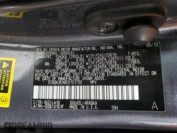 2012 Toyota Highlander Limited with VIN 5TDDK3EH6CS151700, listed as a Copart auction lot 62163965 with 248,662 mi miles and Salvage title. Bid and sale history available at DreamBid. Image 14.
