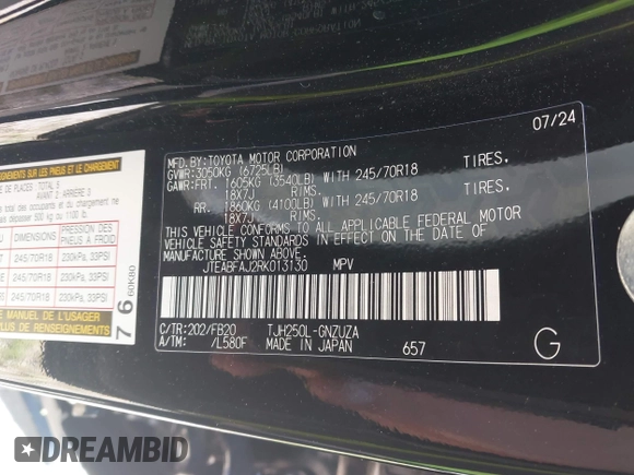 2024 Toyota Land Cruiser z VIN JTEABFAJ2RK013130, wystawiony jako IAAI lot #42002397 z przebiegiem 19 749 mil mil oraz . Historia ofert i sprzedaży dostępna na DreamBid. Obrazek 9.