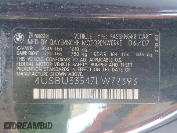 2007 BMW Z4 3.0i с VIN 4USBU33547LW72393, выставлен на аукционе Copart как лот 47110395 с пробегом 113 691 миль миль и Списание • Salvage title. История ставок и продаж доступна на DreamBid. Изображение 12.