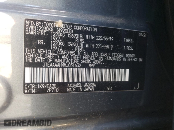 2021 Toyota Venza LE with VIN JTEAAAAH4MJ031632, listed as a Copart auction lot 40803833 with 15,422 mi miles. Bid and sale history available at carsss.com. Image 14.
