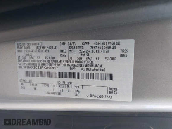 2023 Ford Transit Passenger XL с VIN 1FBAX2C83PKA96917, выставлен на аукционе IAAI как лот 42268308 с пробегом 36 479 миль миль и . История ставок и продаж доступна на DreamBid. Изображение 9.