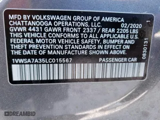 2020 Volkswagen Passat 2.0T SE with VIN 1VWSA7A35LC015567, listed as a Copart auction lot 42914383 with 56,829 mi miles. Bid and sale history available at carsss.com. Image 13.