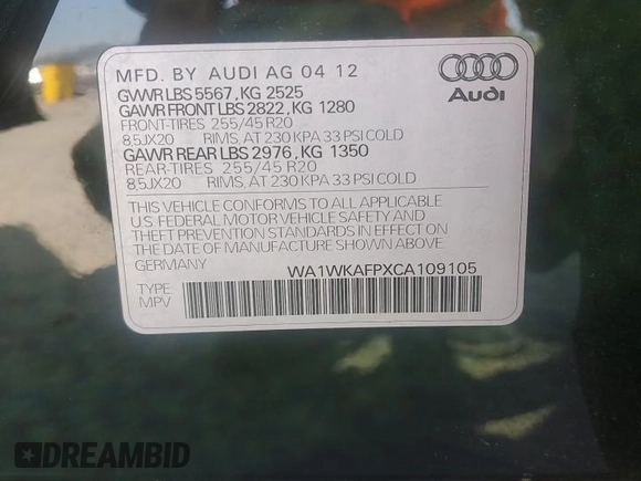 2012 Audi Q5 Prestige with VIN WA1WKAFPXCA109105, listed as a Copart auction lot 55740625 with 129,818 mi miles and Salvage title. Bid and sale history available at DreamBid. Image 13.