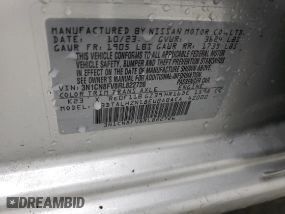 2024 Nissan Versa SR z VIN 3N1CN8FV8RL822726, wystawiony jako Copart lot #57810075 z przebiegiem 31 786 mil mil oraz Szkoda całkowita • Salvage title. Historia ofert i sprzedaży dostępna na DreamBid. Obrazek 12.