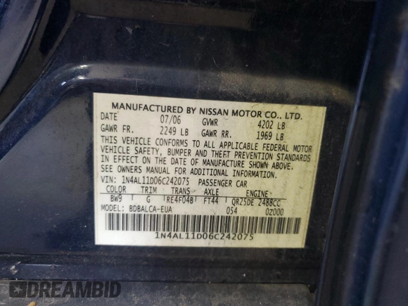 2006 Nissan Altima S with VIN 1N4AL11D06C242075, listed as a Copart auction lot 62236025 with 124,525 mi miles and Salvage title. Bid and sale history available at DreamBid. Image 12.