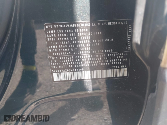 2018 Volkswagen Tiguan SEL z VIN 3VV2B7AX0JM047200, wystawiony jako IAAI lot #42221523 z przebiegiem 108 753 mil mil oraz . Historia ofert i sprzedaży dostępna na DreamBid. Obrazek 9.