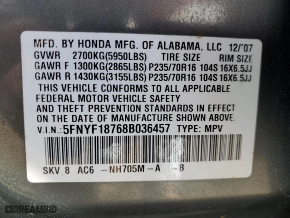 2008 Honda Pilot EX-L with VIN 5FNYF18768B036457, listed as a Copart auction lot 82497854 with 169,999 mi miles and Clean Title. Bid and sale history available at carsss.com. Image 13.