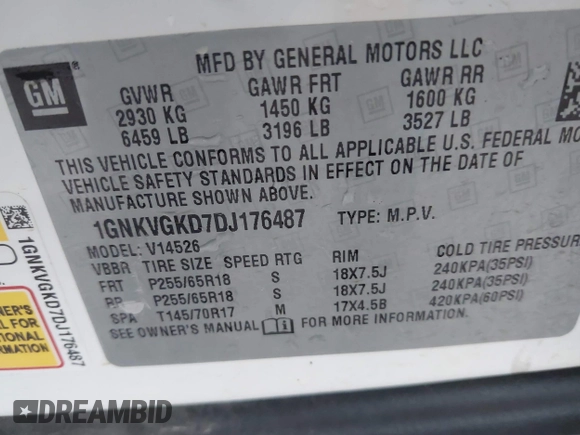 2013 Chevrolet Traverse LT with VIN 1GNKVGKD7DJ176487, listed as a IAAI auction lot 41211283 with 146,844 mi miles and . Bid and sale history available at DreamBid. Image 9.