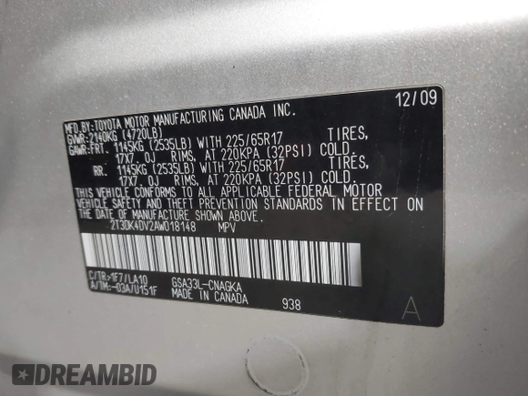 2010 Toyota RAV4 Ltd with VIN 2T3DK4DV2AW018148, listed as a IAAI auction lot 42010664 with 157,117 mi miles. Bid and sale history available at carsss.com. Image 9.