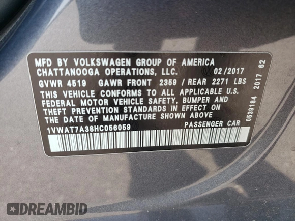 2017 Volkswagen Passat S z VIN 1VWAT7A38HC056059, wystawiony jako Copart lot #57657135 z przebiegiem 117 504 mil mil oraz Szkoda całkowita • Salvage title. Historia ofert i sprzedaży dostępna na DreamBid. Obrazek 12.