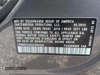 2012 Volkswagen Passat SE z VIN 1VWBH7A32CC054225, wystawiony jako IAAI lot #41874765 z przebiegiem 161 269 mil mil oraz . Historia ofert i sprzedaży dostępna na DreamBid. Obrazek 9.