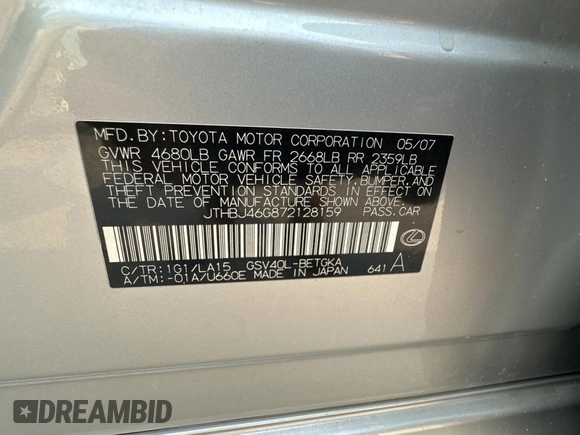 2007 Lexus ES 330 with VIN JTHBJ46G872128159, listed as a Copart auction lot 45378235 with 225,302 mi miles and Clean Title. Bid and sale history available at DreamBid. Image 10.