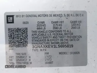 2020 Chevrolet Equinox LT with VIN 3GNAXKEV1LS695819, listed as a IAAI auction lot 41860240 with 57,214 mi miles. Bid and sale history available at carsss.com. Image 9.