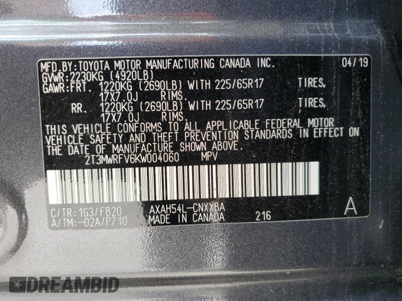 2019 Toyota RAV4 Hybrid LE with VIN 2T3MWRFV6KW004060, listed as a Copart auction lot 48172695 with 101,899 mi miles and Salvage title. Bid and sale history available at DreamBid. Image 15.