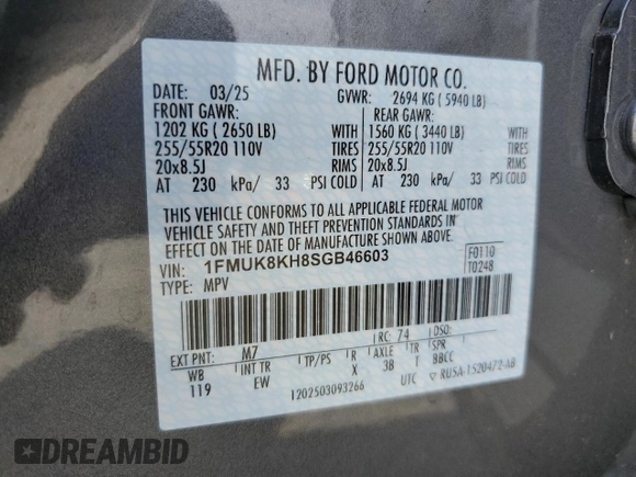2025 Ford Explorer ST-Line with VIN 1FMUK8KH8SGB46603, listed as a Copart auction lot 63340675 with 2,213 mi miles and Salvage title. Bid and sale history available at DreamBid. Image 13.