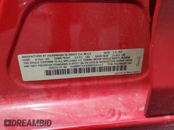 2008 Volkswagen Jetta SE with VIN 3VWRM71KX8M056117, listed as a Copart auction lot 59461455 with 103,928 mi miles and Salvage title. Bid and sale history available at DreamBid. Image 12.