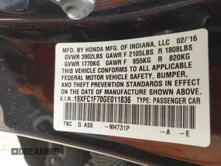 2016 Honda Civic Sedan EX-L with VIN 19XFC1F70GE011836, listed as a IAAI auction lot 41929383 with 186,497 mi miles. Bid and sale history available at carsss.com. Image 9.