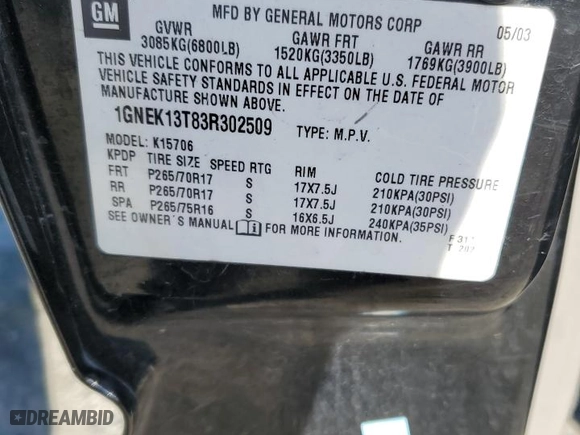 2003 Chevrolet Tahoe Z71 with VIN 1GNEK13T83R302509, listed as a Copart auction lot 88115165 with 183,276 mi miles and Salvage Title. Bid and sale history available at carsss.com. Image 13.