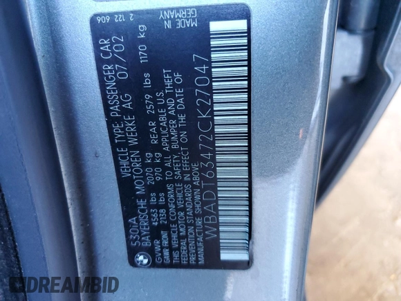2002 BMW 5 Series 530iA with VIN WBADT63472CK27047, listed as a Copart auction lot 84246154 with 144,170 mi miles and Salvage Title. Bid and sale history available at carsss.com. Image 12.