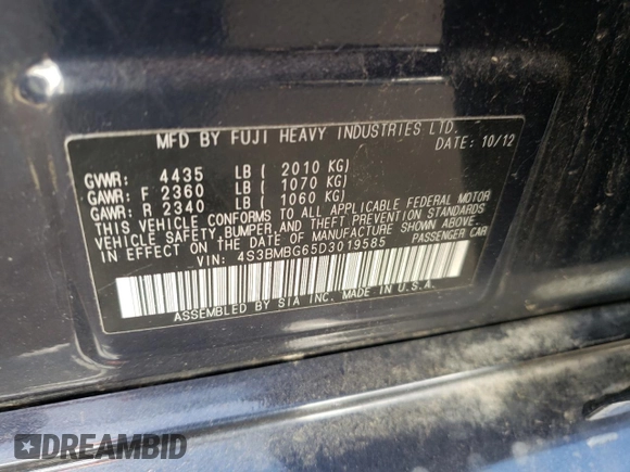 2013 Subaru Legacy Premium with VIN 4S3BMBG65D3019585, listed as a Copart auction lot 54798435 with 159,135 mi miles and Clean Title. Bid and sale history available at carsss.com. Image 12.