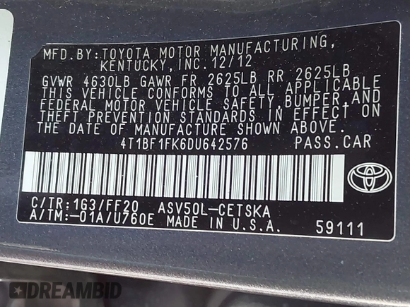 2013 Toyota Camry L with VIN 4T1BF1FK6DU642576, listed as a IAAI auction lot 41686230 with 187,742 mi miles. Bid and sale history available at carsss.com. Image 9.