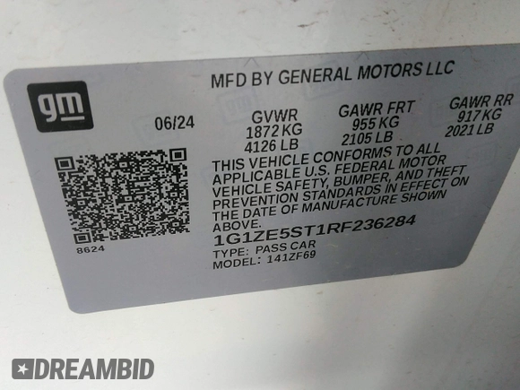 2024 Chevrolet Malibu LT with VIN 1G1ZE5ST1RF236284, listed as a IAAI auction lot 42153840 with 18,200 mi miles and . Bid and sale history available at DreamBid. Image 9.