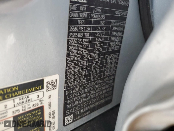 2019 Jaguar F-Pace 25t with VIN SADCS2FX2KA391600, listed as a Copart auction lot 50800915 with 110,065 mi miles and Salvage title. Bid and sale history available at DreamBid. Image 13.