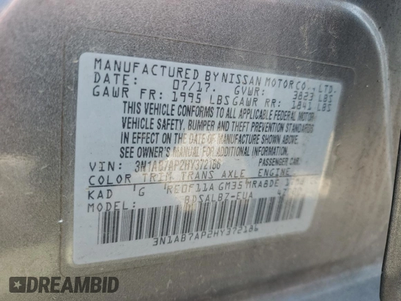 2017 Nissan Sentra S with VIN 3N1AB7AP2HY372186, listed as a Copart auction lot 50845355 with Not Provided miles and Clean Title. Bid and sale history available at carsss.com. Image 12.