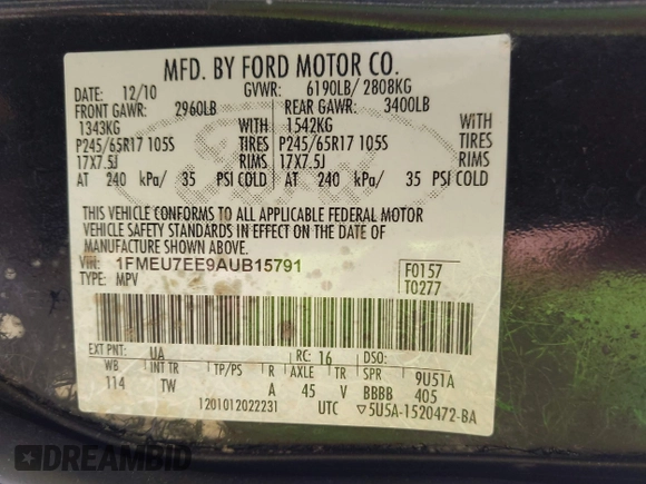 2010 Ford Explorer Eddie Bauer с VIN 1FMEU7EE9AUB15791, выставлен на аукционе IAAI как лот 42727480 с пробегом 132 255 миль миль и . История ставок и продаж доступна на DreamBid. Изображение 9.