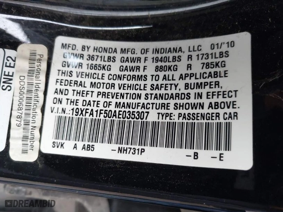 2010 Honda Civic Sdn LX with VIN 19XFA1F50AE035307, listed as a IAAI auction lot 41905570 with 64,329 mi miles. Bid and sale history available at carsss.com. Image 9.