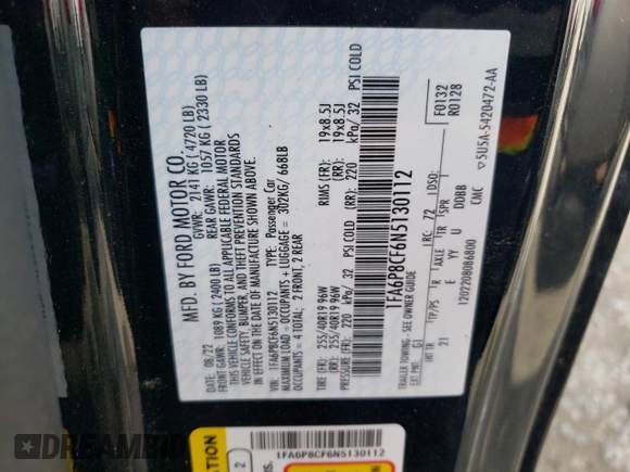 2022 Ford Mustang GT with VIN 1FA6P8CF6N5130112, listed as a Copart auction lot 49513585 with 24,759 mi miles and Salvage title. Bid and sale history available at DreamBid. Image 13.