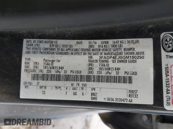 2016 Ford Fiesta SE with VIN 3FADP4EJ0GM150290, listed as a IAAI auction lot 41802899 with 126,778 mi miles. Bid and sale history available at carsss.com. Image 9.