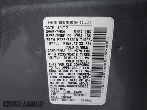 2013 Nissan Murano SV with VIN JN8AZ1MW0DW303673, listed as a IAAI auction lot 41645516 with 121,136 mi miles. Bid and sale history available at carsss.com. Image 9.
