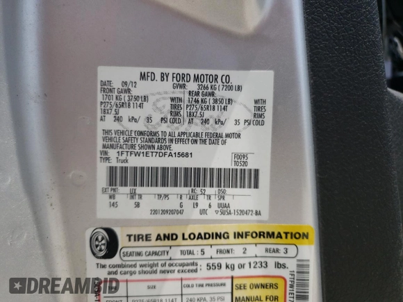 2013 Ford F-150 XL with VIN 1FTFW1ET7DFA15681, listed as a Copart auction lot 54822095 with 176,597 mi miles and Salvage title. Bid and sale history available at DreamBid. Image 13.