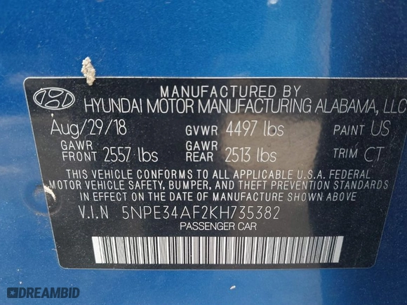 2019 Hyundai Sonata Sport with VIN 5NPE34AF2KH735382, listed as a IAAI auction lot 41815754 with 136,432 mi miles. Bid and sale history available at carsss.com. Image 9.