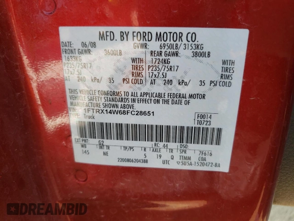2008 Ford F-150 STX with VIN 1FTRX14W68FC28651, listed as a Copart auction lot 57299972 with 98,397 mi miles and Salvage Title. Bid and sale history available at carsss.com. Image 10.