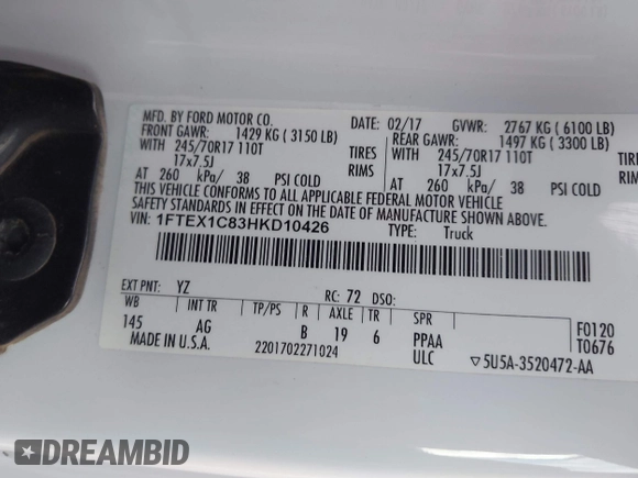 2017 Ford F-150 XL with VIN 1FTEX1C83HKD10426, listed as a IAAI auction lot 41720579 with 188,145 mi miles. Bid and sale history available at carsss.com. Image 9.