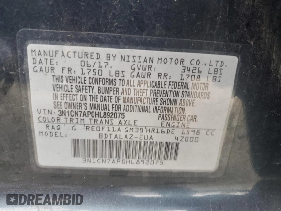 2017 Nissan Versa SV with VIN 3N1CN7AP0HL892075, listed as a Copart auction lot 60166935 with 67,660 mi miles and Salvage title. Bid and sale history available at DreamBid. Image 13.